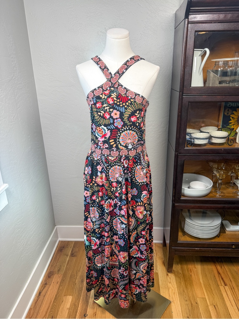 Boden Black Floral Paisley Cross Strap Maxi Dress Pockets Size 4